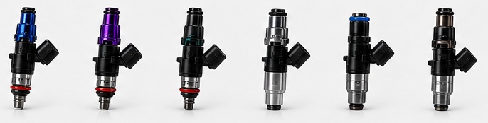 Six performance fuel injectors in a row